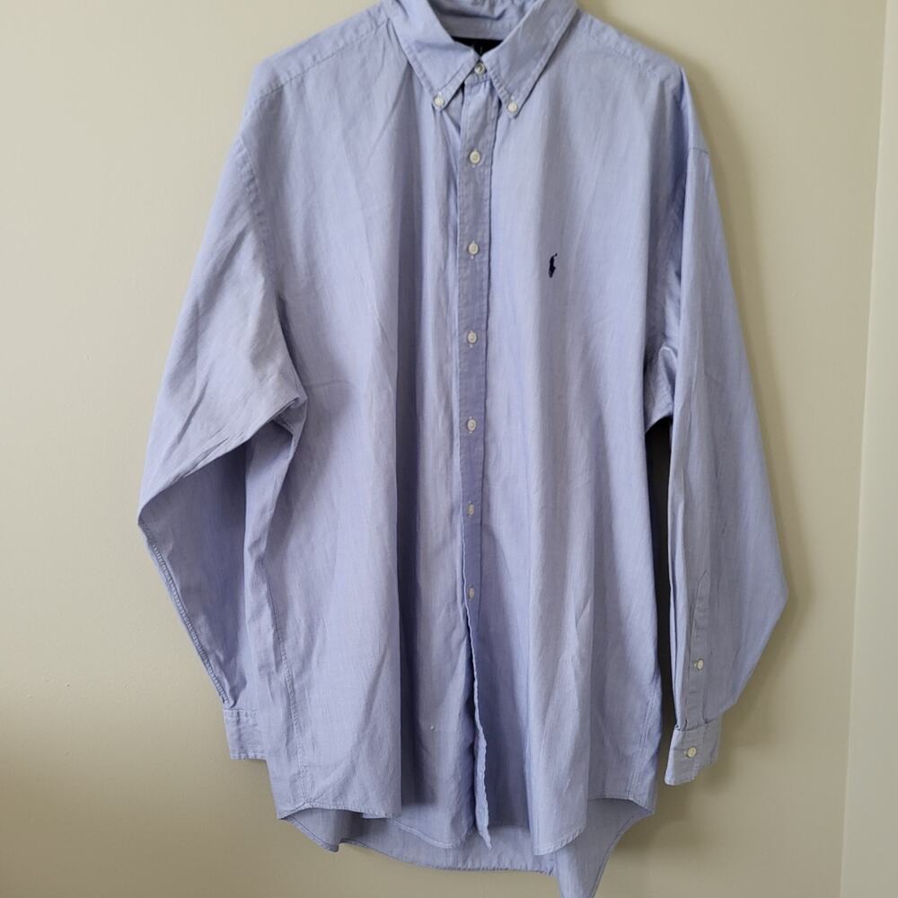 Ralph Lauren Polo Shirt Button Down Blue Pin Stripe Long Sleeve